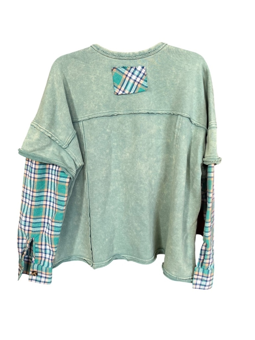 Easel Green Plaid Peace Layered Washed Knit Long Sleeve Pullover Sweatshirt SZ S - Picture 3 of 10